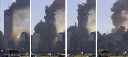 Four pictures showing the collapse of the
  WTC towers